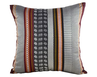 Black and White throw pillow cover 16" Handwoven KHUNN Rare Indian Fabric  Elephants and Peacocks motifs Luxurious Unique bed couch pillow
