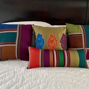 Multi stripe KHUNN lumbar throw pillow w/insert, Handwoven multicolor Rare Indian Fabric, Patchwork pillow, Luxurious Unique bed pillow image 6