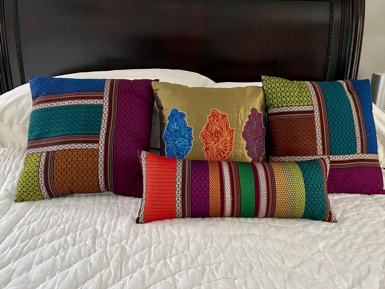 Multi stripe KHUNN lumbar throw pillow w/insert, Handwoven multicolor Rare Indian Fabric, Patchwork pillow, Luxurious Unique bed pillow image 6