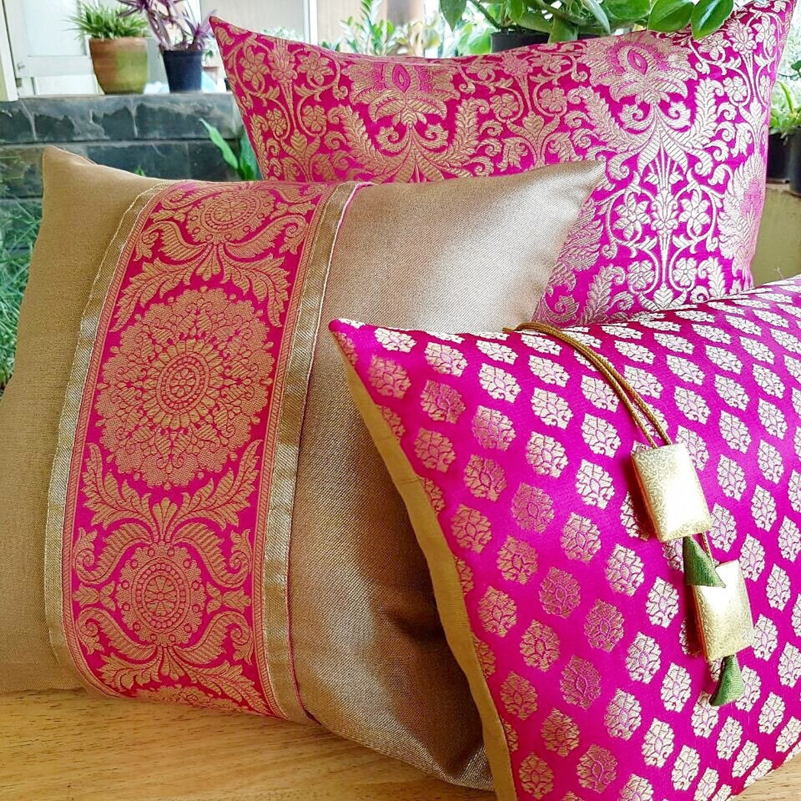 Banaras Brocade Silk Pillow Cover, Luxurious Varanasi Silk, Fuchsia