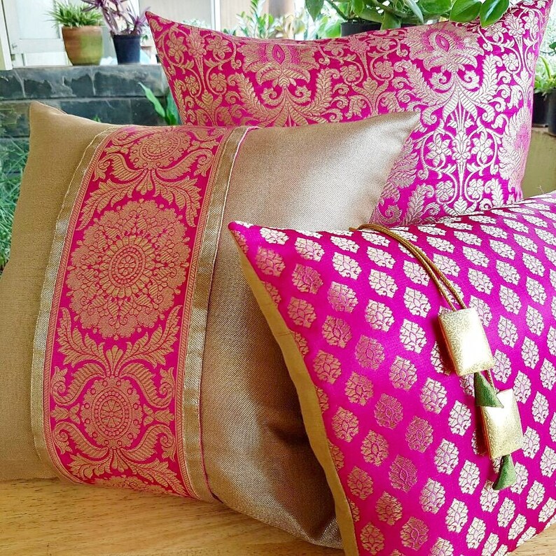Banaras Brocade Silk Pillow Cover, Luxurious Varanasi Silk, Fuchsia