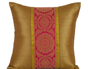 16" Gold Pillow with Banaras Brocade Silk Tie back Sleeve, Removable sleeve design, Gold, Red, Fuchsia Pink,  16X16 Boho, Indian Fabric