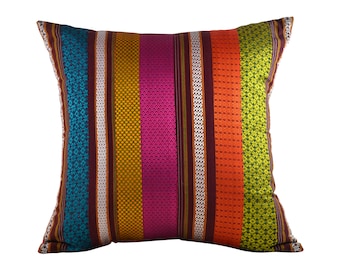 Multi stripe KHUNN 16X16" throw pillow Cover, Handwoven multicolor Rare Indian Fabric, Patchwork pillow, Luxurious Unique bed pillow