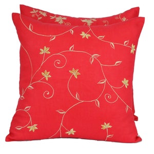 Pink Linen floral applique pillow, Velvet floral applique Vine embroidery Pink Fuchsia pillow, 16 X 16 Summer toss throw pillows