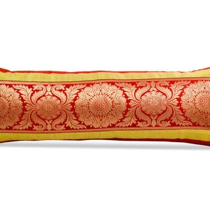 Banaras Brocade Silk lumbar Pillow with Insert, Red Orange Golden pillow, Indian Fabric Pillow,  22X8 Lumbar pillow, Rich Vibrant colors