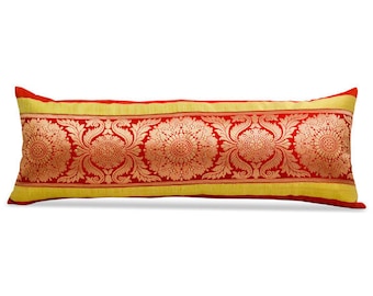 Banaras Brocade Silk lumbar Pillow with Insert, Red Orange Golden pillow, Indian Fabric Pillow,  22X8 Lumbar pillow, Rich Vibrant colors