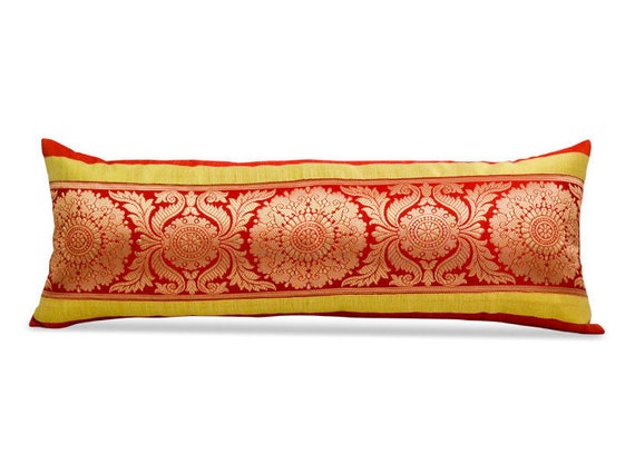 Banaras Brocade Silk Lumbar Pillow With Insert Red Orange Etsy
