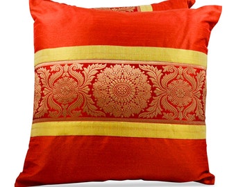 Red Orange Brocade Pillow cover, Banaras Brocade pillow, Flowers of Brocade, Decorative Throw pillow, Multi Color, Gold, Red Orange pillow