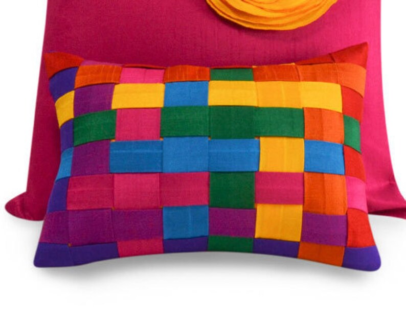 Multicolor Lumbar Pillow With Filler Basket Weave Design Etsy