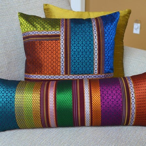 Multi stripe KHUNN lumbar throw pillow w/insert, Handwoven multicolor Rare Indian Fabric, Patchwork pillow, Luxurious Unique bed pillow image 2