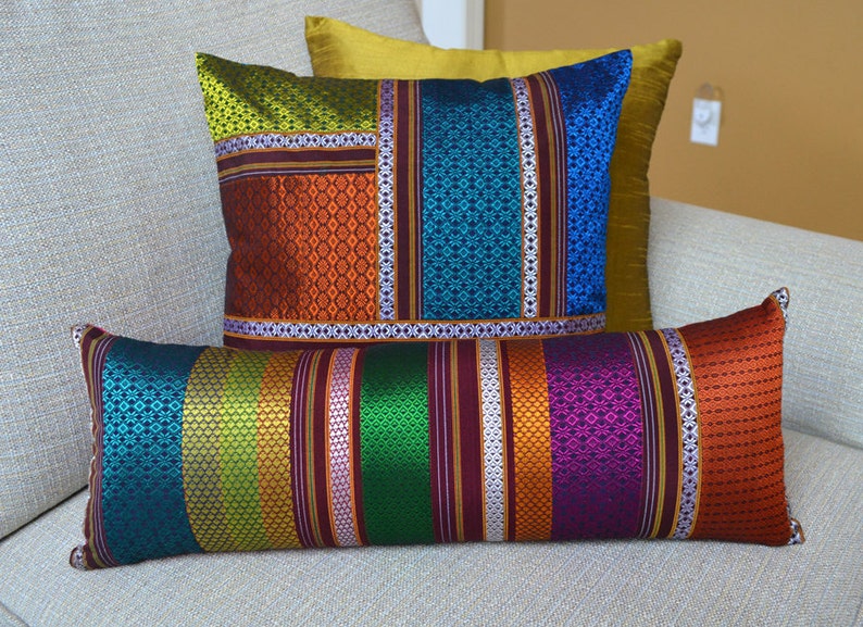 Multi stripe KHUNN lumbar throw pillow w/insert, Handwoven multicolor Rare Indian Fabric, Patchwork pillow, Luxurious Unique bed pillow image 2