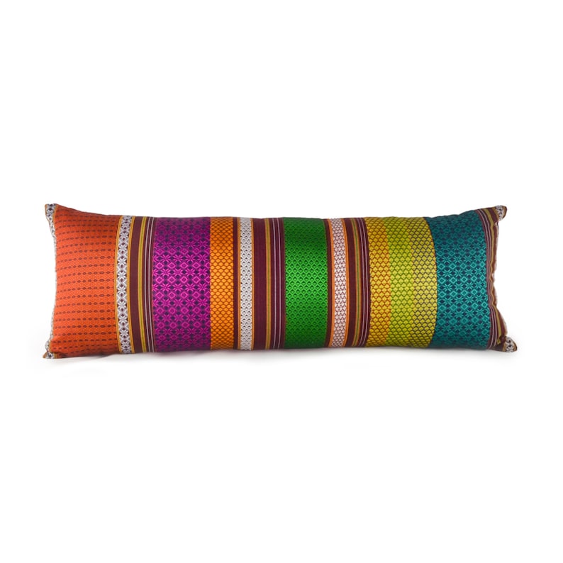Multi stripe KHUNN lumbar throw pillow w/insert, Handwoven multicolor Rare Indian Fabric, Patchwork pillow, Luxurious Unique bed pillow image 1