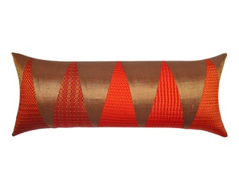 Gold and Orange Lumbar KHUNN pillow with Insert, 22*8 Handwoven Indian KHUNN Fabric, Hand made pillow, Five Khunn fabrics, Unique pillow