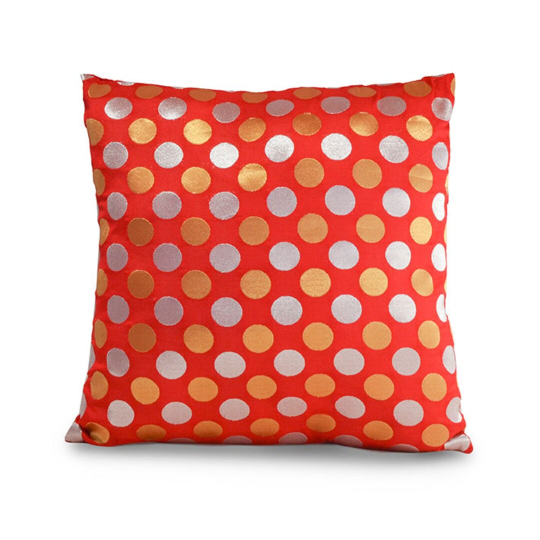SALE Polka Dots Pillow Cover, Silk Throw Pillow, Red Pillow, Metallic Gold and Silver, Indian