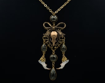 Adorned Mouse Skull and Bow Necklace