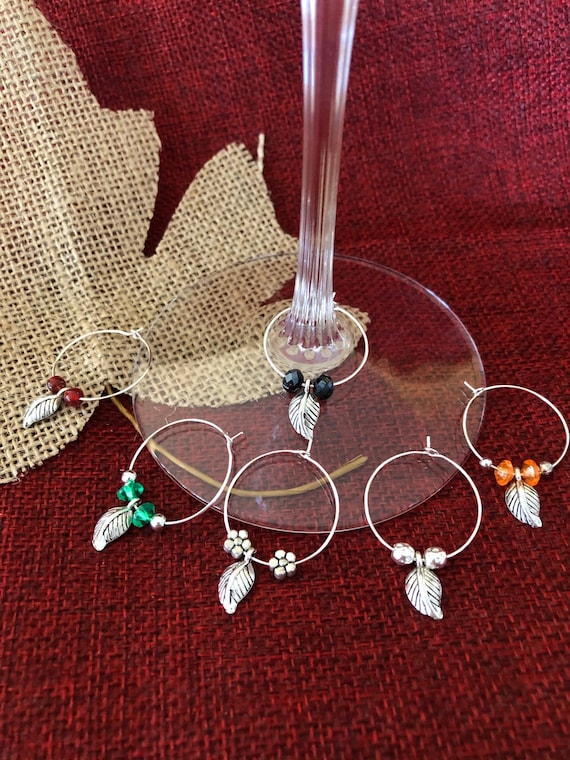 Wine Glass Rings Set of 6 Leaf, Fun, Glitzy, Reusable, Mothers Day