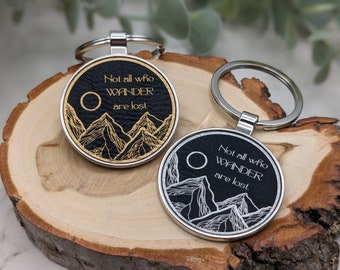 Keychain Not All Those Who Wander Are Lost Quote Black Faux Leather Keyring