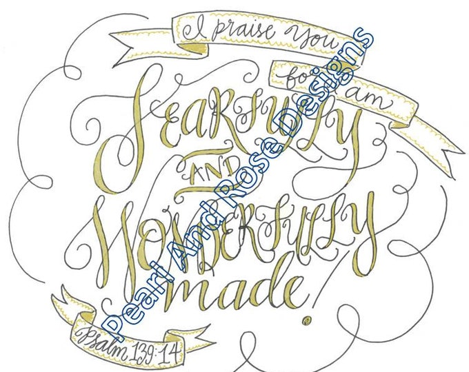 Psalm 139:14, Fearfully and Wonderfully Made, Bible Verse Printable, Hand Drawn, Instant Download