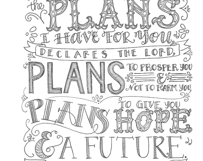 Jeremiah 29:11, I Know The Plans, Bible Verse Printable, Hand Drawn, Instant Download, Adult Coloring Page