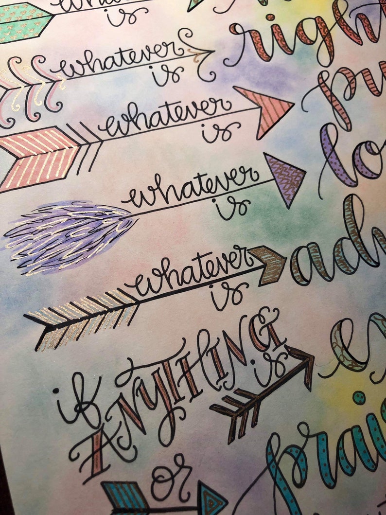 Philippians 4:8 with Colorful Arrows, Think On These Things, Bible Verse Design, Hand Drawn image 3