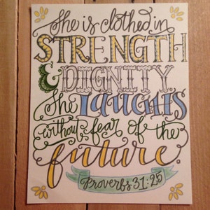 Proverbs 31:25, She Is Clothed With Strength, Bible Verse Design, Hand Drawn image 1