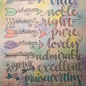 Philippians 4:8 with Colorful Arrows, Think On These Things, Bible Verse Design, Hand Drawn image 1