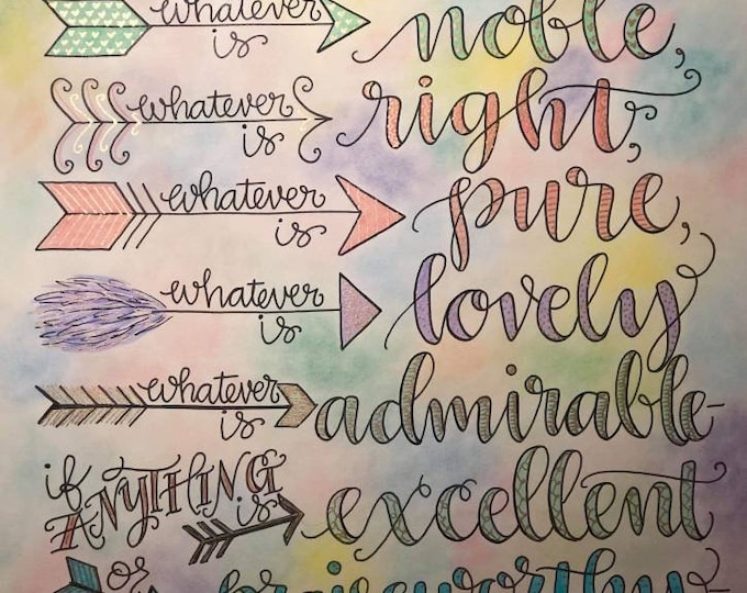 Philippians 4:8 with Colorful Arrows, Think On These Things, Bible Verse Design, Hand Drawn