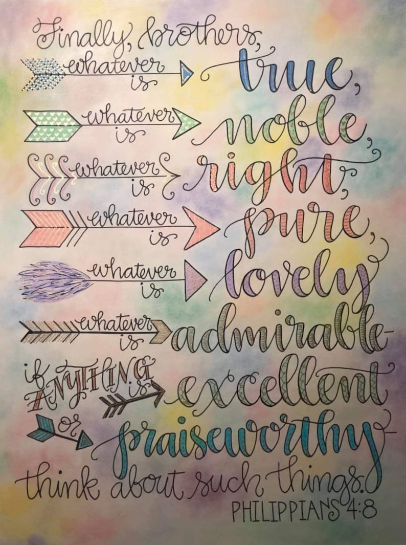 Philippians 4:8 with Colorful Arrows, Think On These Things, Bible Verse Design, Hand Drawn image 1