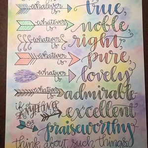 Philippians 4:8 with Colorful Arrows, Think On These Things, Bible Verse Design, Hand Drawn image 2