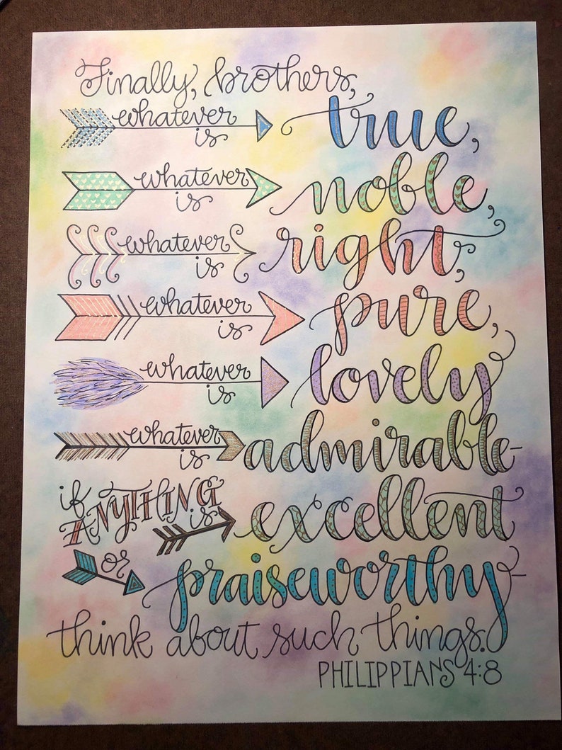 Philippians 4:8 with Colorful Arrows, Think On These Things, Bible Verse Design, Hand Drawn image 2