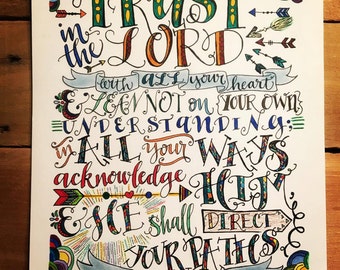 Proverbs 3:5-6, Trust In The Lord, Bible Verse Design, Hand Drawn