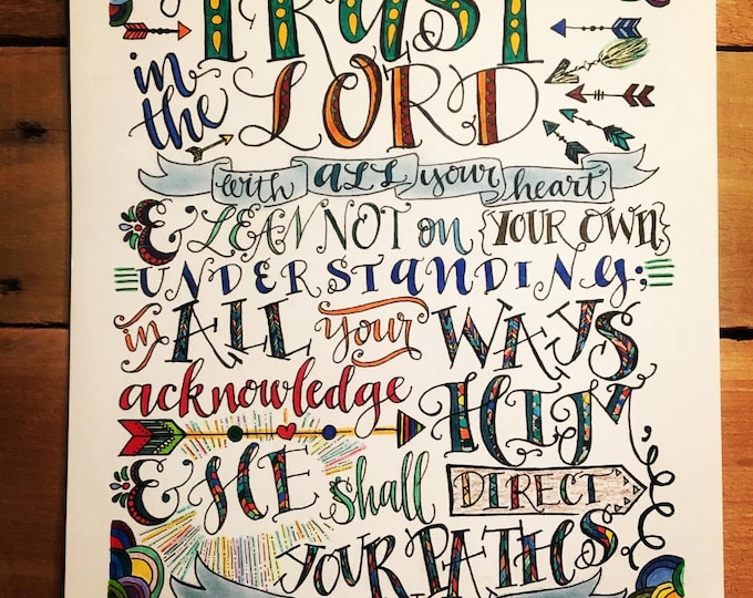 Proverbs 3:5-6, Trust In The Lord, Bible Verse Design, Hand Drawn