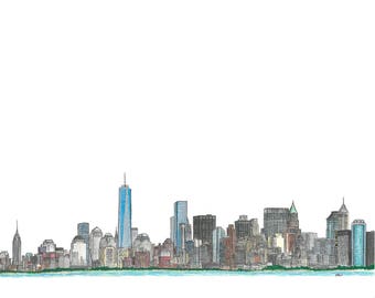 Puede incluir: Una ilustración dibujada a mano del horizonte de la ciudad de Nueva York, que presenta los icónicos rascacielos de Manhattan, incluyendo la Freedom Tower, el Empire State Building y el Chrysler Building. El horizonte está dibujado en blanco y negro con acentos azules, creando un diseño simple y elegante.