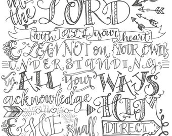 Proverbs 3:5-6, Trust In The Lord, Bible Verse Printable, Hand Drawn, Instant Download, Adult Coloring Page