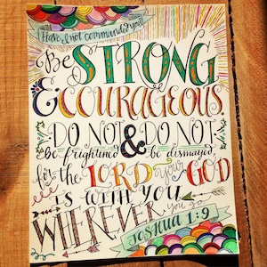 Joshua 1:9, Be Strong and Courageous, Bible Verse Design, Hand Drawn