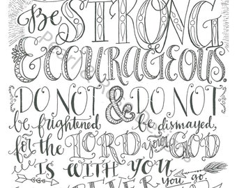 Joshua 1:9, Be Strong And Courageous, Bible Verse Printable, Hand Drawn, Instant Download, Adult Coloring Page