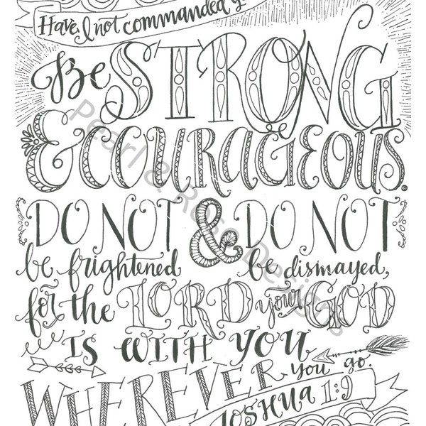 Joshua 1:9, Be Strong And Courageous, Bible Verse Printable, Hand Drawn, Instant Download, Adult Coloring Page