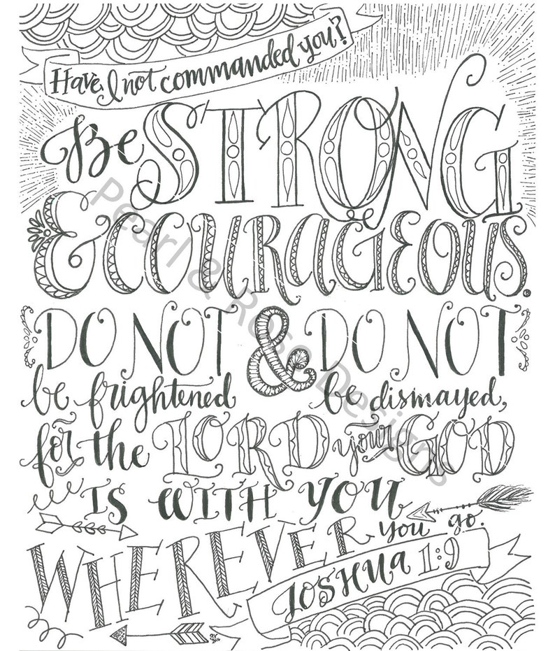 Joshua 1:9, Be Strong And Courageous, Bible Verse Printable, Hand Drawn, Instant Download, Adult Coloring Page image 1