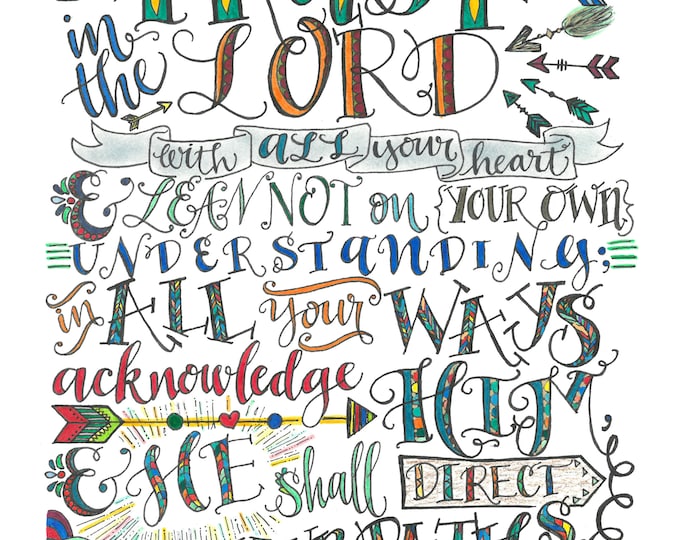 Proverbs 3:5-6, Trust In The Lord, Bible Verse Printable, Hand Drawn, Instant Download