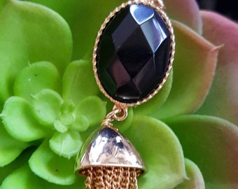 Black stone pendant with gold tassel, gold tassel pendant for necklaces, black gemstone necklace tassel, 3.25" gold and black pendant tassel