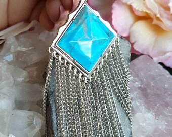 Turquoise blue pendant with silver tassel, blue gemstone tassel pendant, blue stone pendant tassel, blue howlite pendant silver chain tassel
