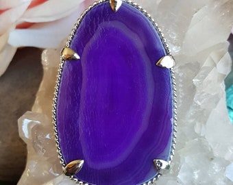 Purple agate slice pendant, purple stone pendant, purple pendant, purple and silver pendant, purple focal pendant, purple crystal pendant