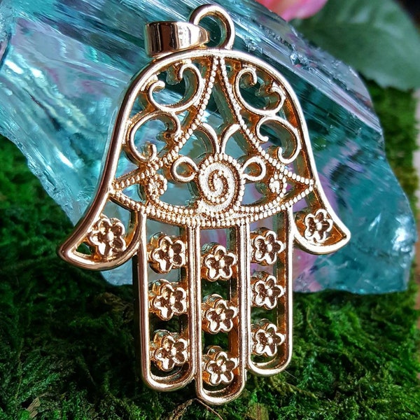 Gold Hamsa pendant, filigree Hamsa pendant, yoga jewelry, large gold Hand of God pendant, hand of Fatima pendant, spiritual jewelry gift