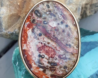 Red orange jasper pendant w gold bail, rustic red stone focal pendant, brown orange red ocean jasper stone pendant, multicolor stone pendant