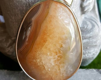 Orange brown agate pendant, orange brown stone pendant, orange cracked crystal pendant, multicolor stone silver pendant, earth tone pendant