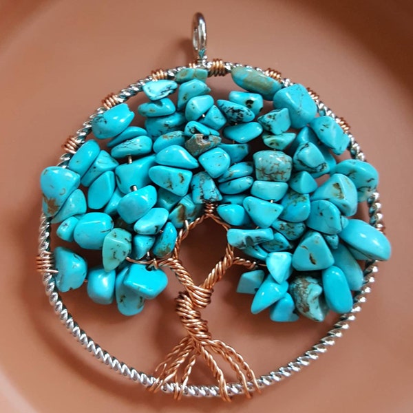 Silver copper turquoise tree of life pendant, wirewrapped turquoise pendant, silver wirewrapped tree of life pendant, spiritual jewelry gift