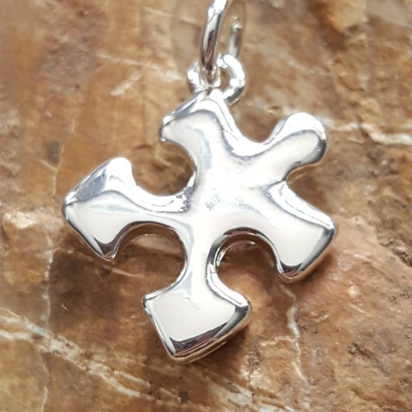 Silver puzzle piece charm, silver puzzle piece pendant, puzzle charm, puzzle jewelry, silver jigsaw puzzle charm, autism awareness charm