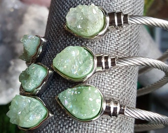 Mint Green Druzy bracelet, sparkly Druzy crystal bracelet, silver bangle with druzy, silver green druzy cuff bracelet, adjustable bracelet