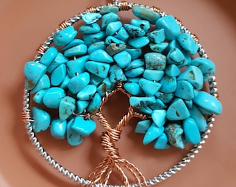 Arbre turquoise de cuivre argenté de pendentif de vie, pendentif turquoise filé, arbre argenté en fil de fer de la vie pendentif, cadeau de bijoux spirituels