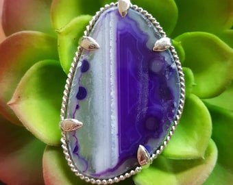 Purple agate slice pendant, purple stone pendant, purple pendant, purple and silver pendant, purple focal pendant, purple crystal pendant